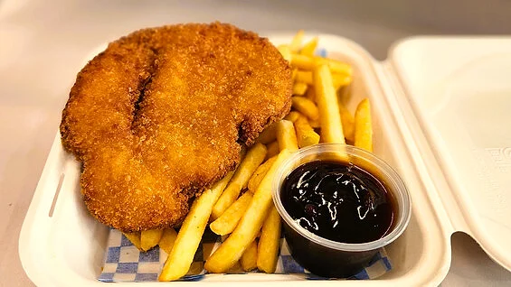Chicken schnitzel with chips and gravy